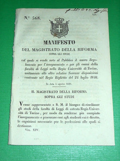 Regno Sardegna Torino Manifesto Regolamento Regia Università di Torino 1846