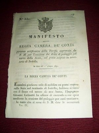 Regno Sardegna Torino Manifesto Tariffa Pedaggio Ponte Isolella (Sesia) 1841
