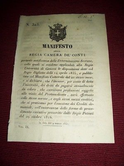 Regno Sardegna Torino Manifesto Università Genova Tasse Annuali Protomedicato