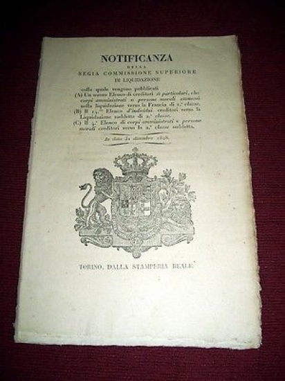 Regno Sardegna Torino Notifica Elenco Creditori Liquidazione Francia 1828