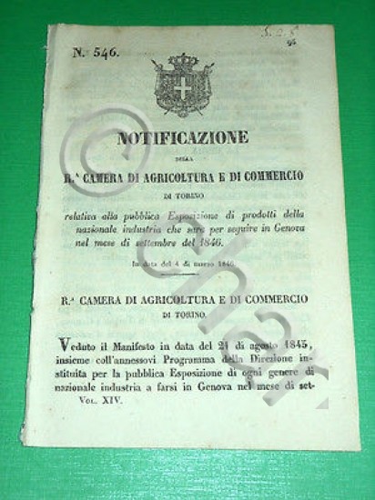 Regno Sardegna Torino Notificazione Esposizione Prodotti Industria Genova 1846