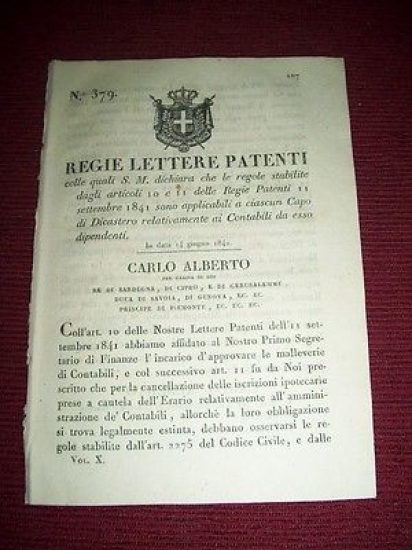 Regno Sardegna Torino Regie Lettere Patenti Contabili Capo di Dicastero …