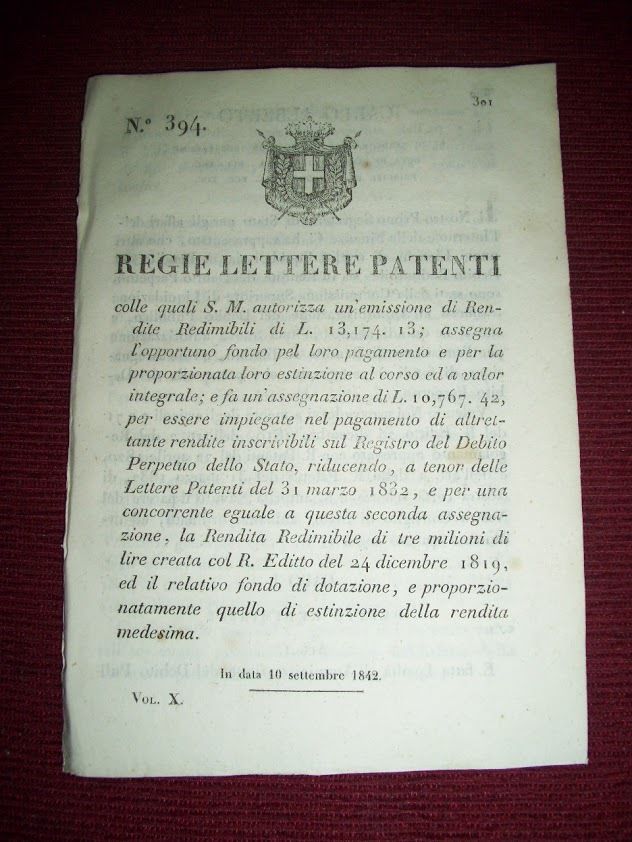 Regno Sardegna Torino Regie Lettere Patenti Emissione Rendite Redimibili 1842