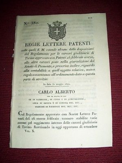 Regno Sardegna Torino Regie Lettere Patenti Regolamento Carceri e Cantabilità