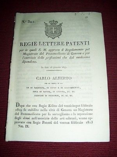 Regno Sardegna Torino Regie Lettere Patenti Regolamento Protomedicato Genova 841