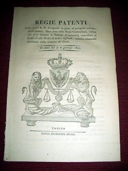 Regno Sardegna Torino Regie Patenti d' Immunità per Famiglie numerose …