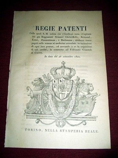 Regno Sardegna Torino Regie Patenti Pagamenti Creditori Capitani Svizzeri 1820