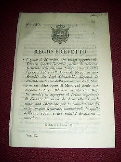 Regno Sardegna Torino Regio Brevetto Disposizione Relative Contabilità Aziendale