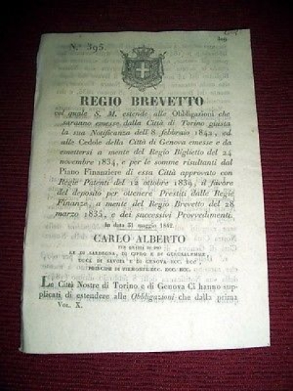 Regno Sardegna Torino Regio Brevetto Obbligazioni e Cedole Città di …