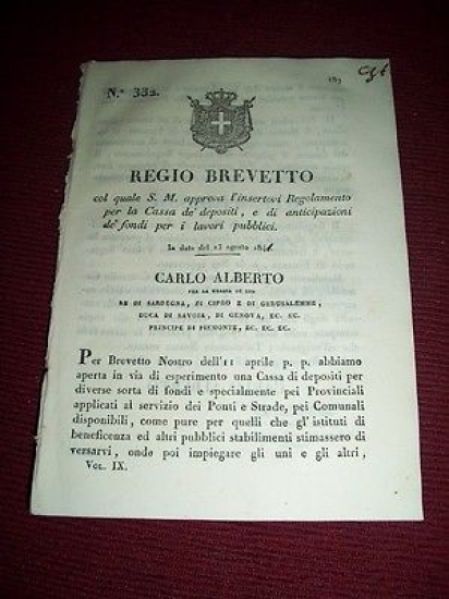 Regno Sardegna Torino Regio Brevetto Regolamento Cassa di Depositi Lavori …