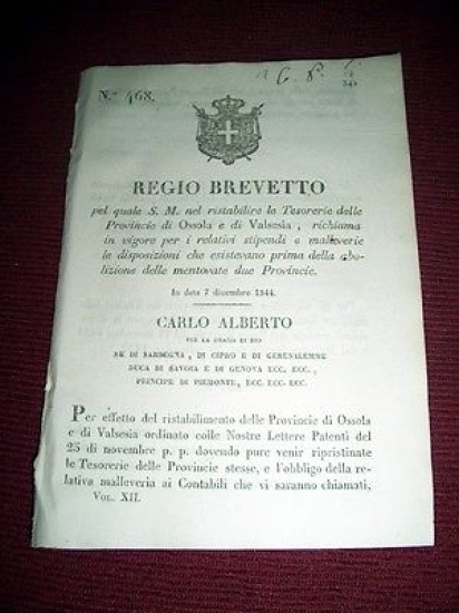 Regno Sardegna Torino Regio Brevetto Stipendi Tesorerie Prov. Ossola e …