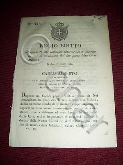 Regno Sardegna Torino Regio Editto Esclusione della Leva Militare 1841