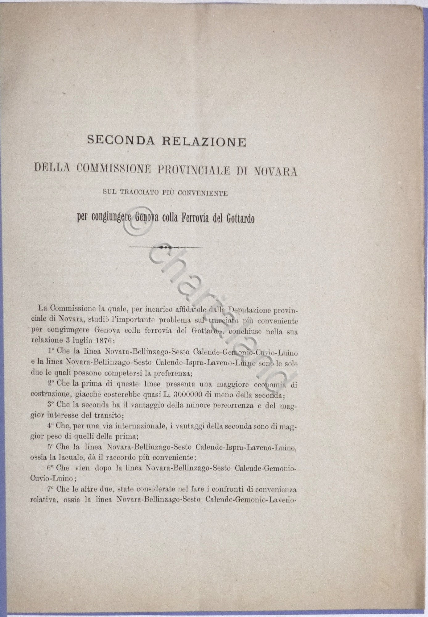 Relazione Commissione Novara su tracciato Genova ferrovia Gottardo - 1877