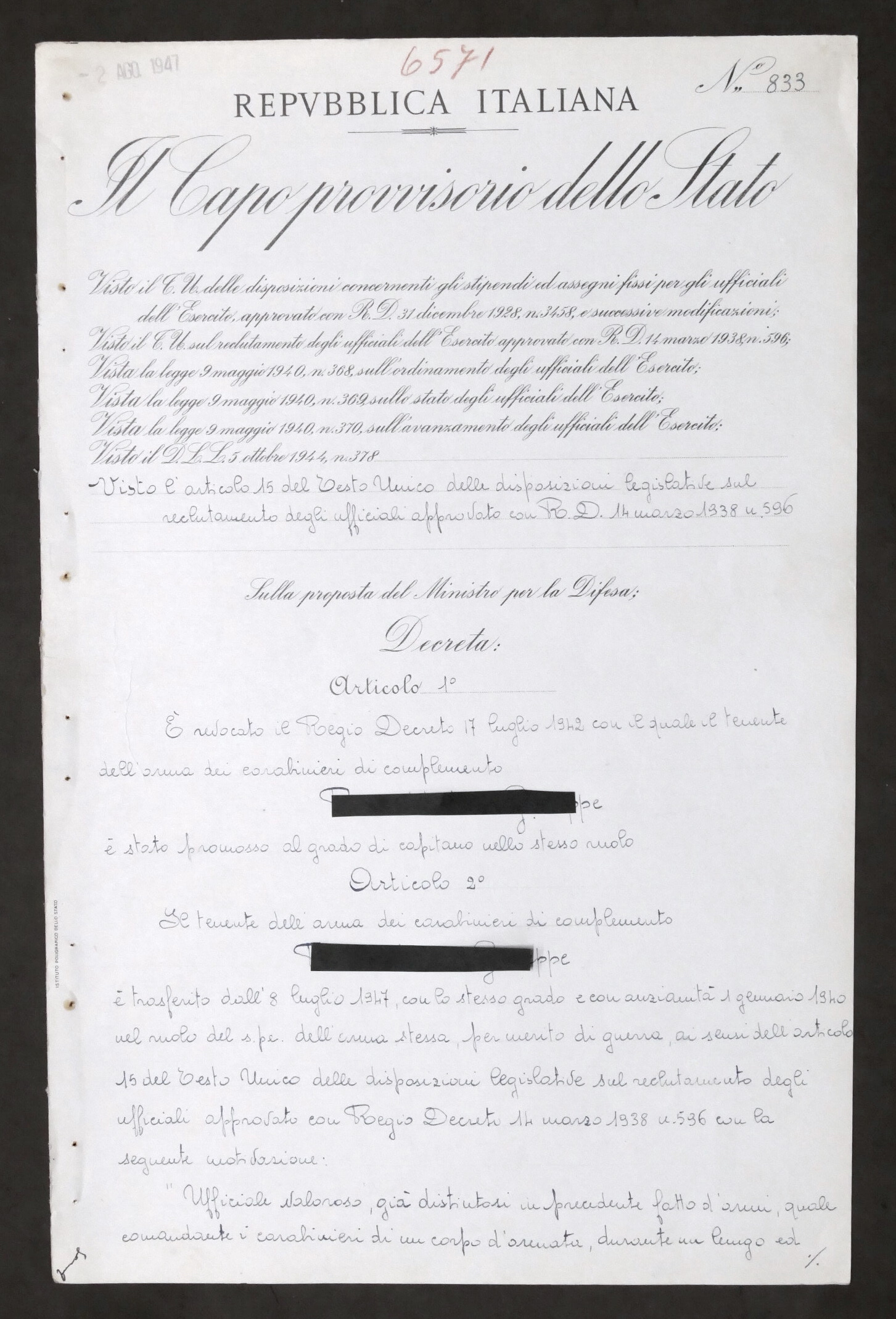 Repubblica Italiana Decreto con autografo capo provvisorio Enrico De Nicola …