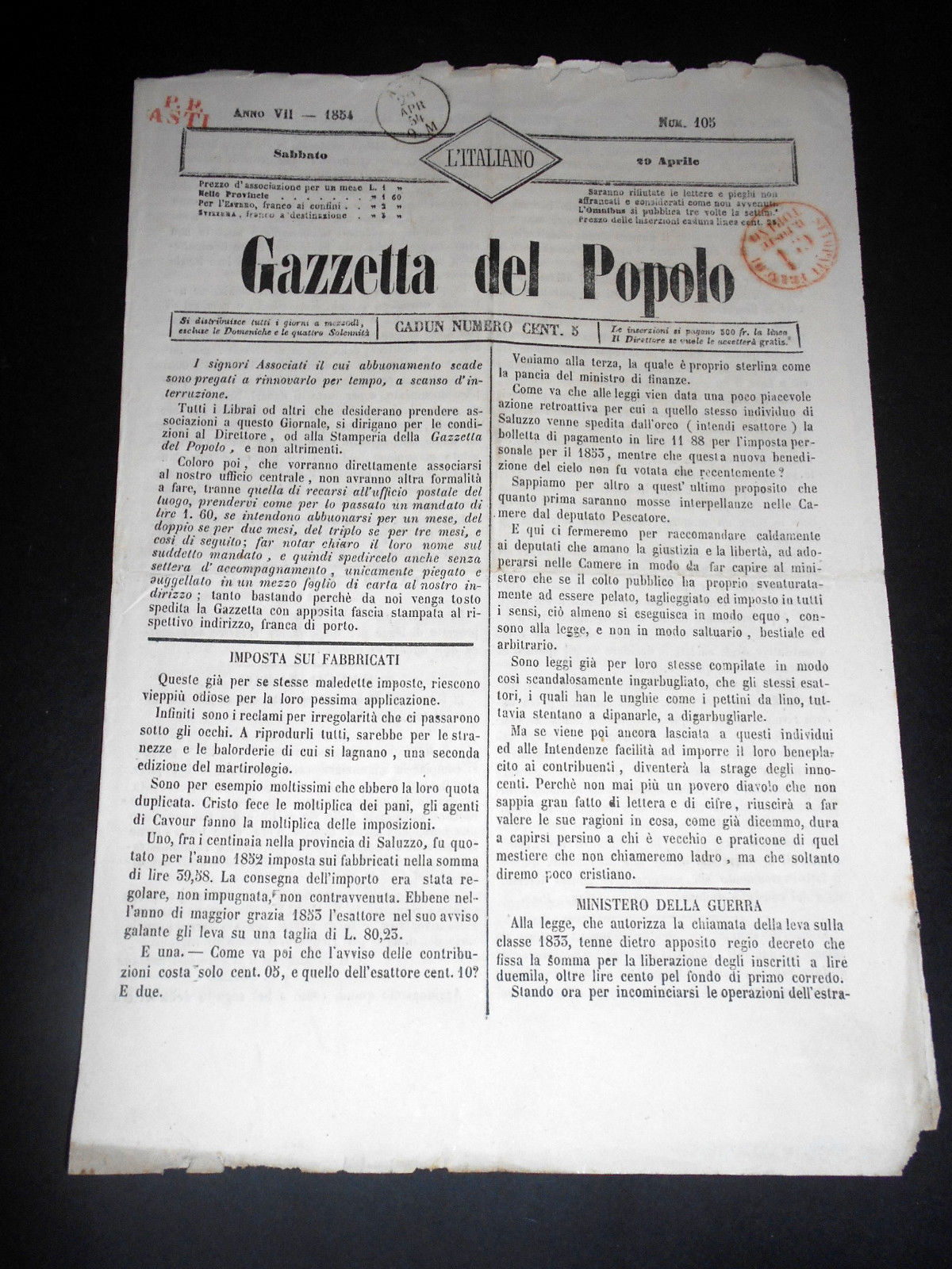 Risorgimento Cavour Torino - Giornale Gazzetta del Popolo n° 105 …