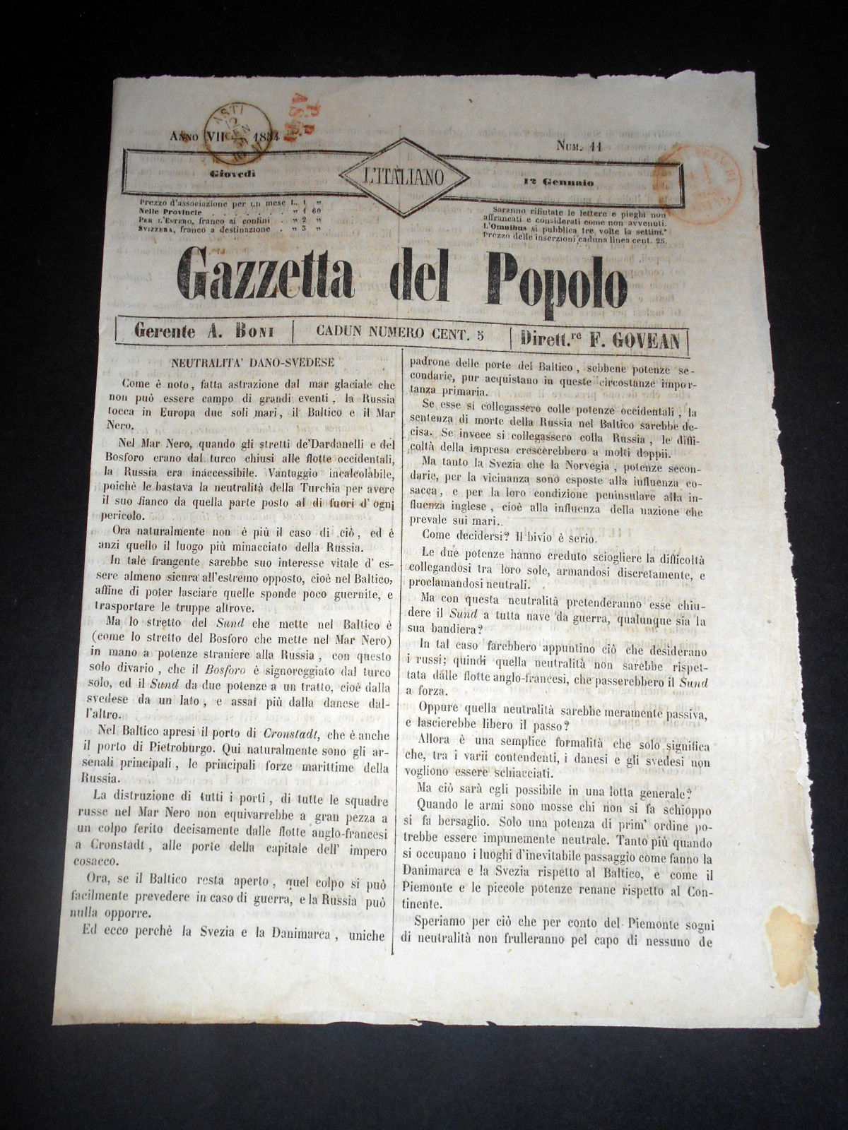 Risorgimento Cavour Torino - Giornale Gazzetta del Popolo n° 11 …