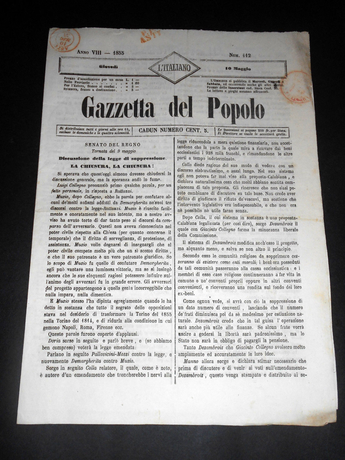 Risorgimento Cavour Torino - Giornale Gazzetta del Popolo n° 112 …