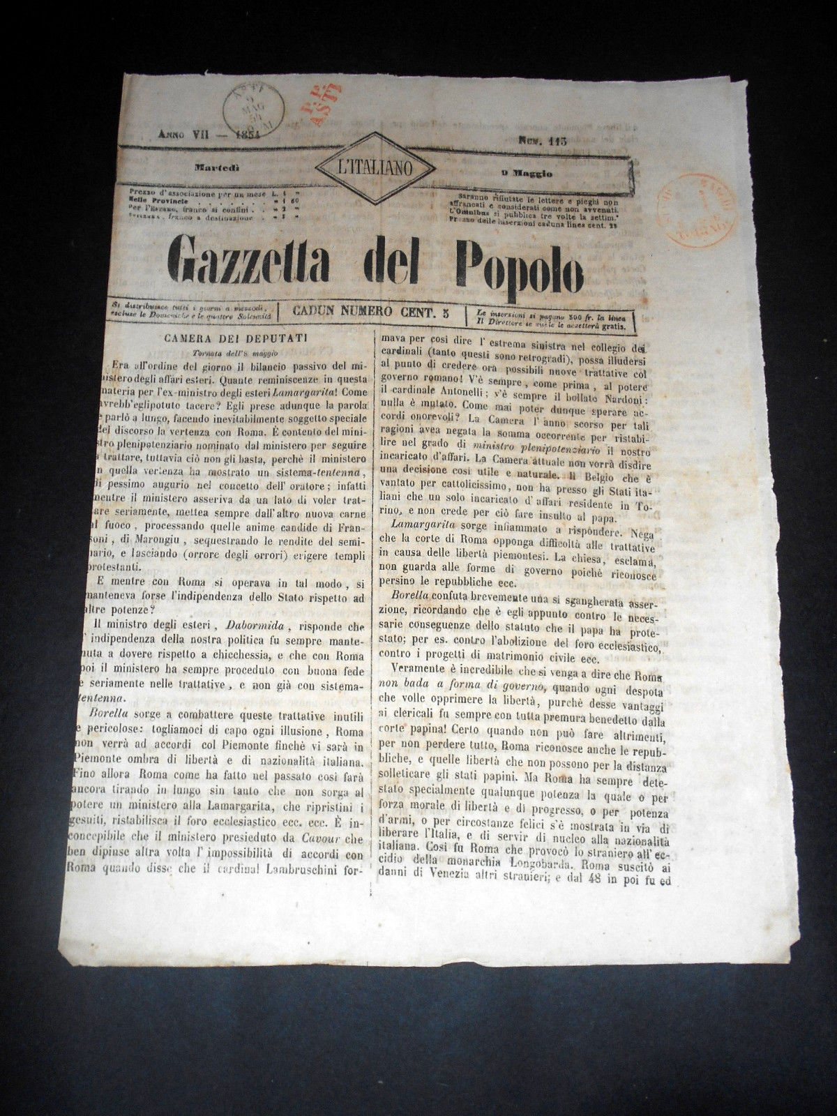 Risorgimento Cavour Torino - Giornale Gazzetta del Popolo n° 113 …