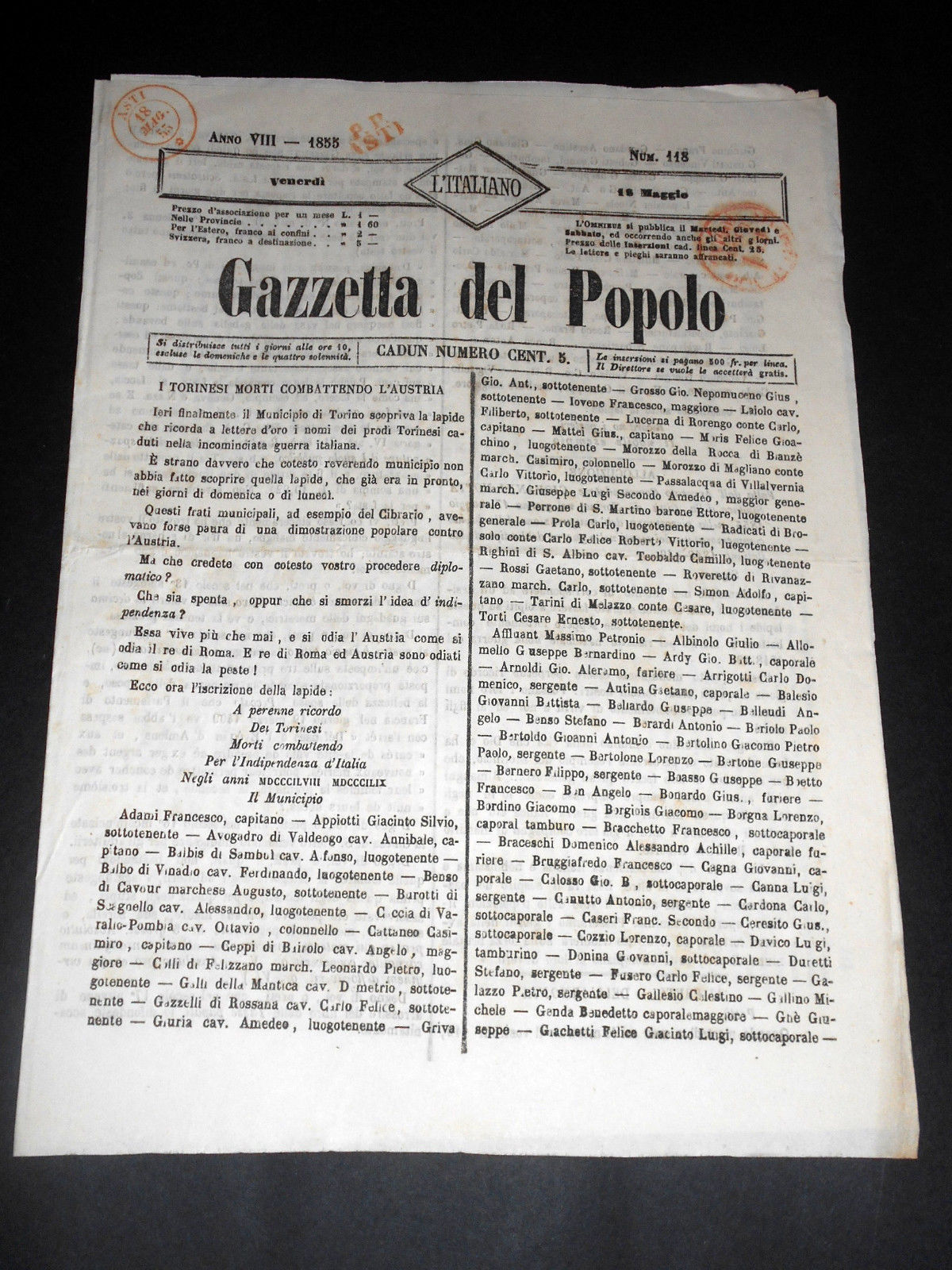 Risorgimento Cavour Torino - Giornale Gazzetta del Popolo n° 118 …