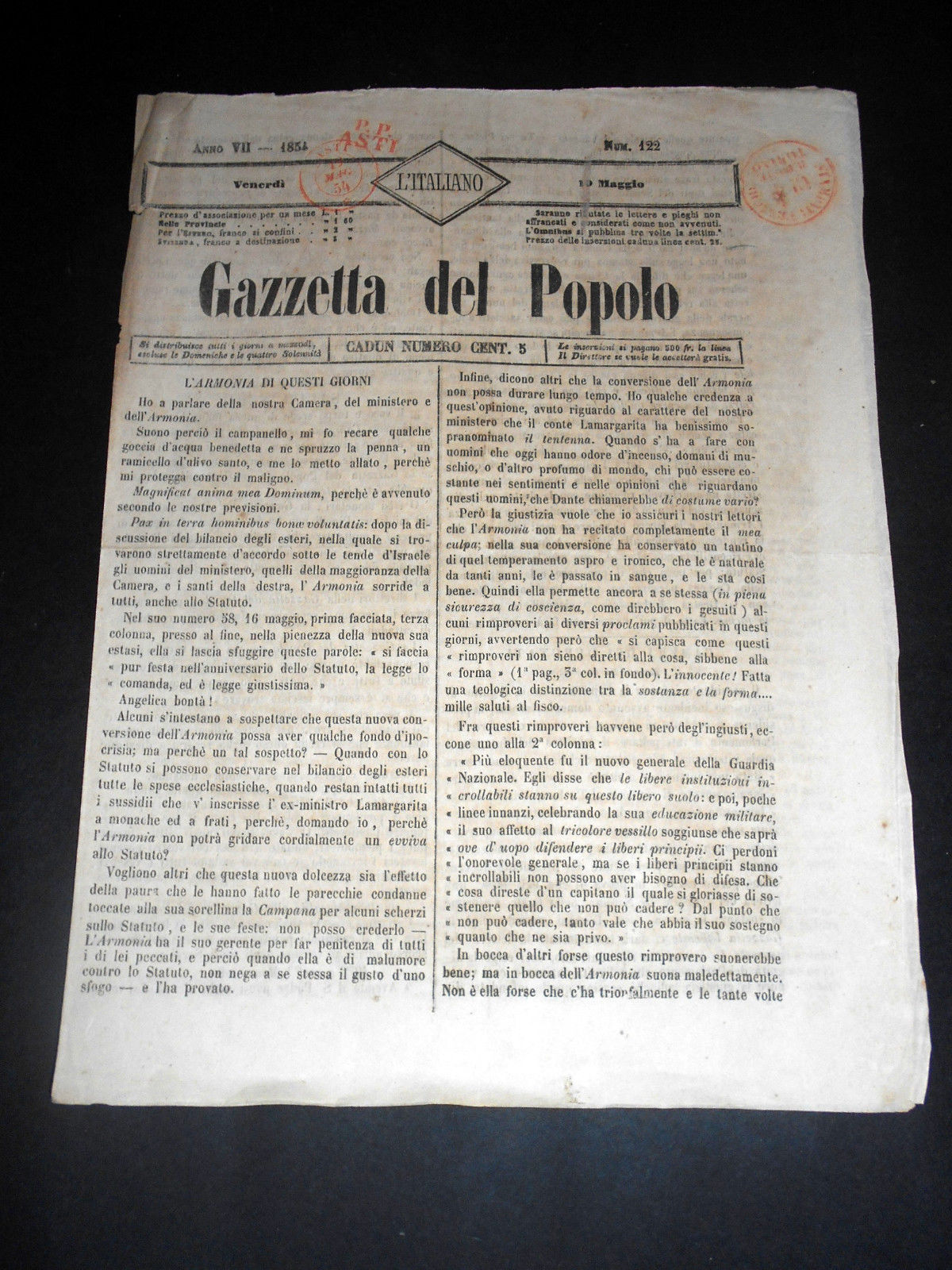 Risorgimento Cavour Torino - Giornale Gazzetta del Popolo n° 122 …