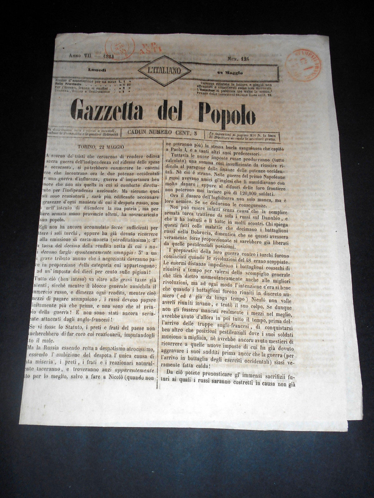 Risorgimento Cavour Torino - Giornale Gazzetta del Popolo n° 124 …