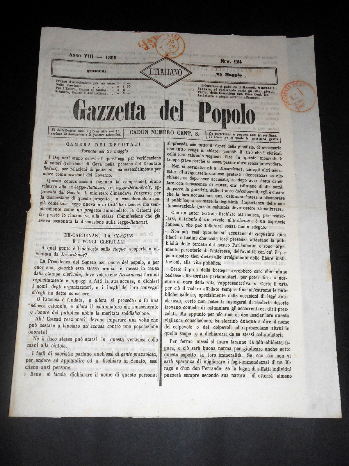 Risorgimento Cavour Torino - Giornale Gazzetta del Popolo n° 124 …