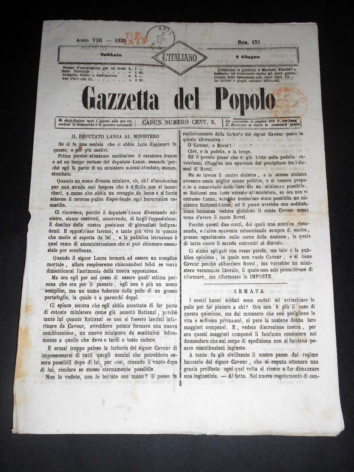 Risorgimento Cavour Torino - Giornale Gazzetta del Popolo n° 131 …
