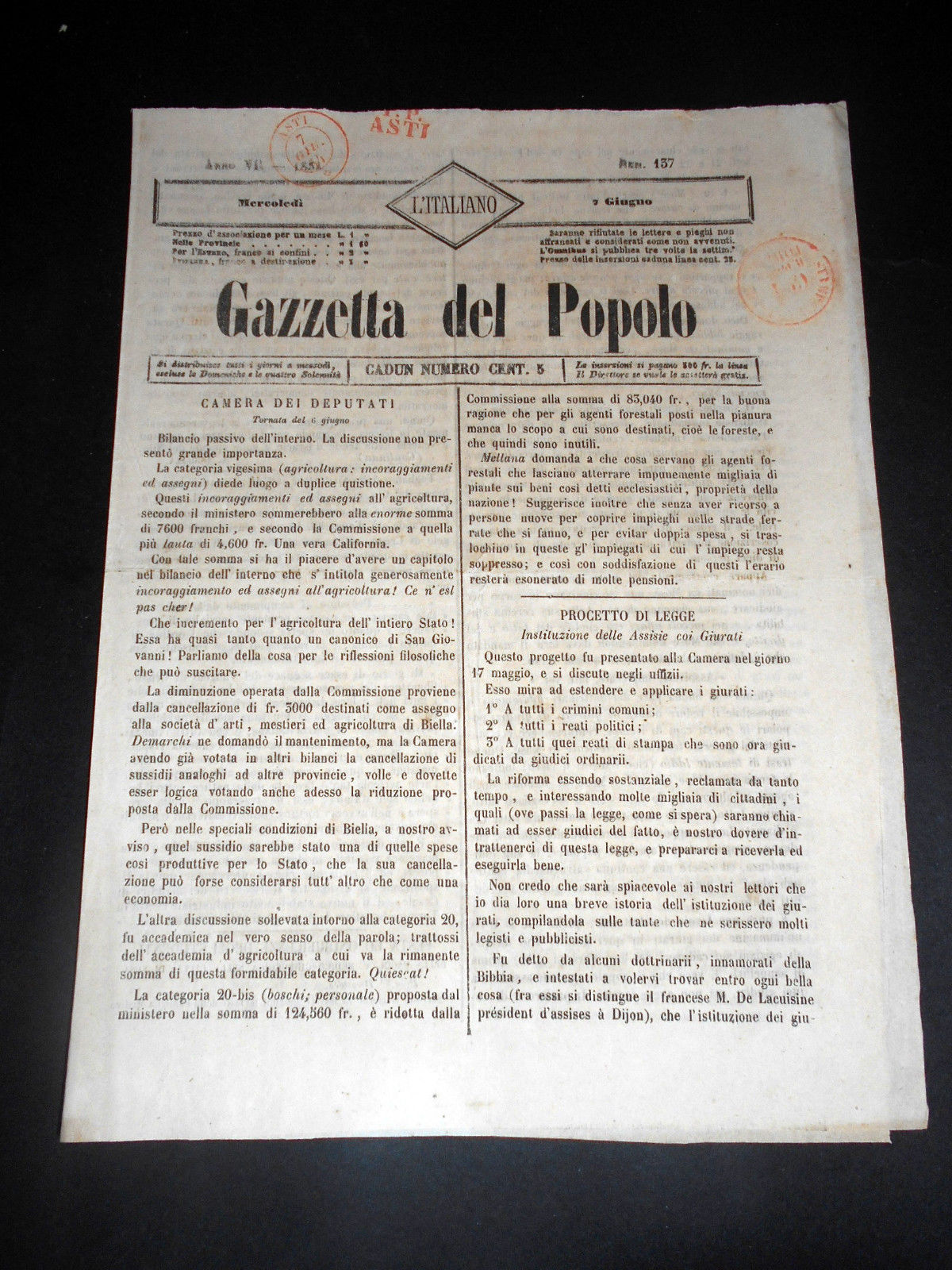 Risorgimento Cavour Torino - Giornale Gazzetta del Popolo n° 137 …