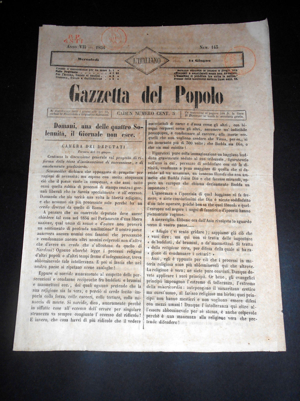 Risorgimento Cavour Torino - Giornale Gazzetta del Popolo n° 143 …
