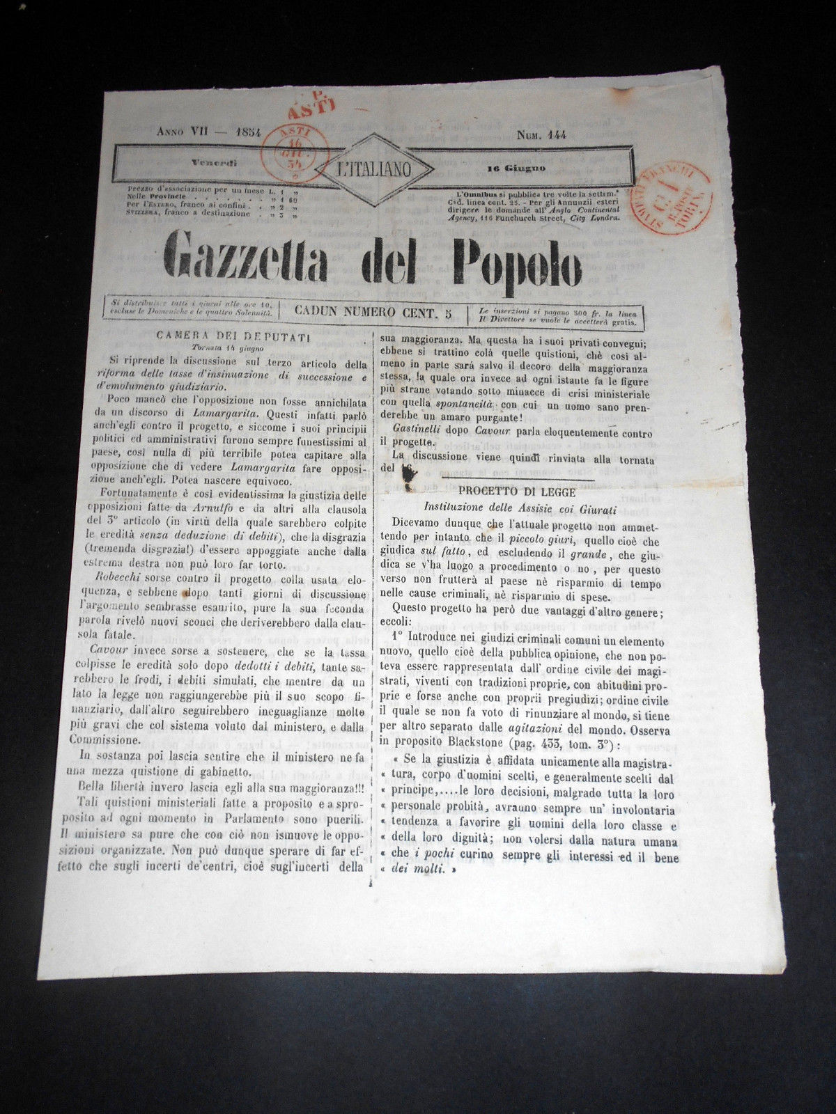 Risorgimento Cavour Torino - Giornale Gazzetta del Popolo n° 144 …