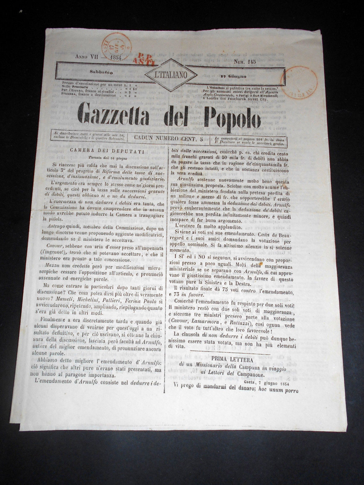 Risorgimento Cavour Torino - Giornale Gazzetta del Popolo n° 145 …
