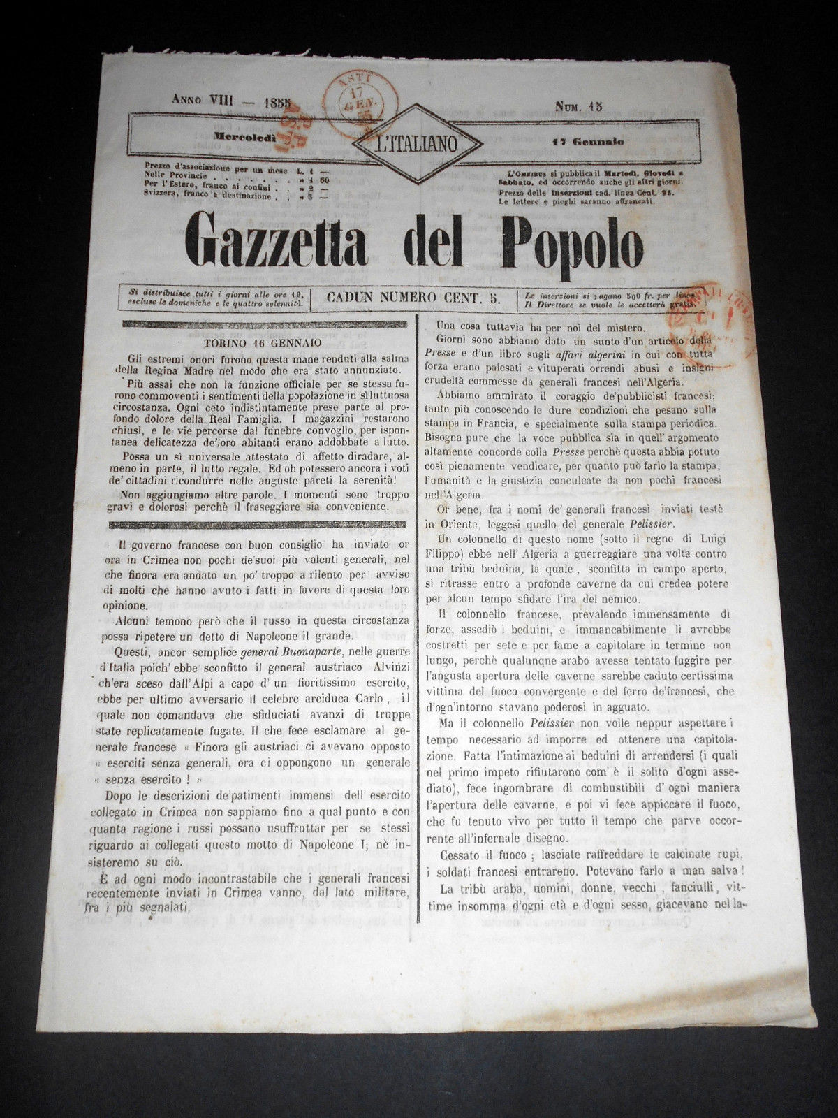 Risorgimento Cavour Torino - Giornale Gazzetta del Popolo n° 15 …