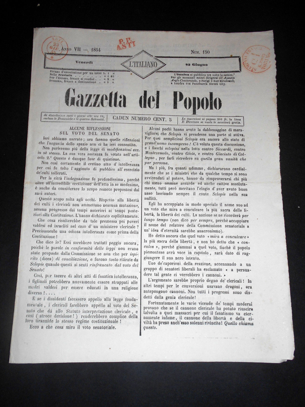 Risorgimento Cavour Torino - Giornale Gazzetta del Popolo n° 150 …