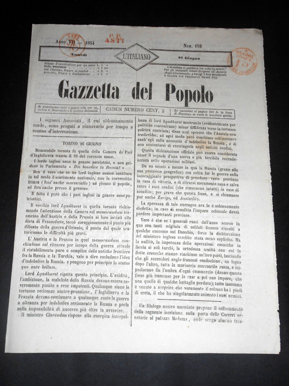 Risorgimento Cavour Torino - Giornale Gazzetta del Popolo n° 152 …