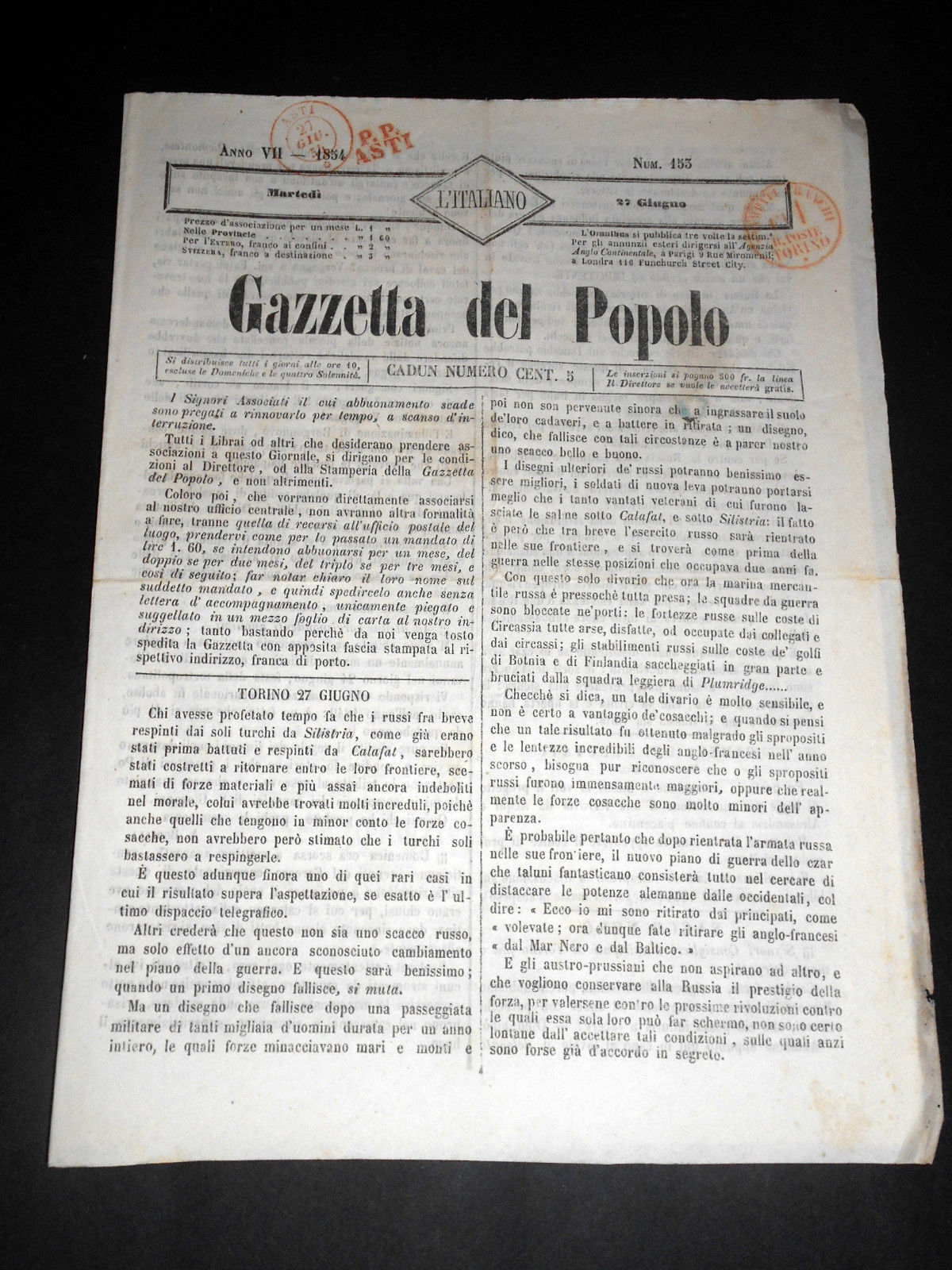 Risorgimento Cavour Torino - Giornale Gazzetta del Popolo n° 153 …