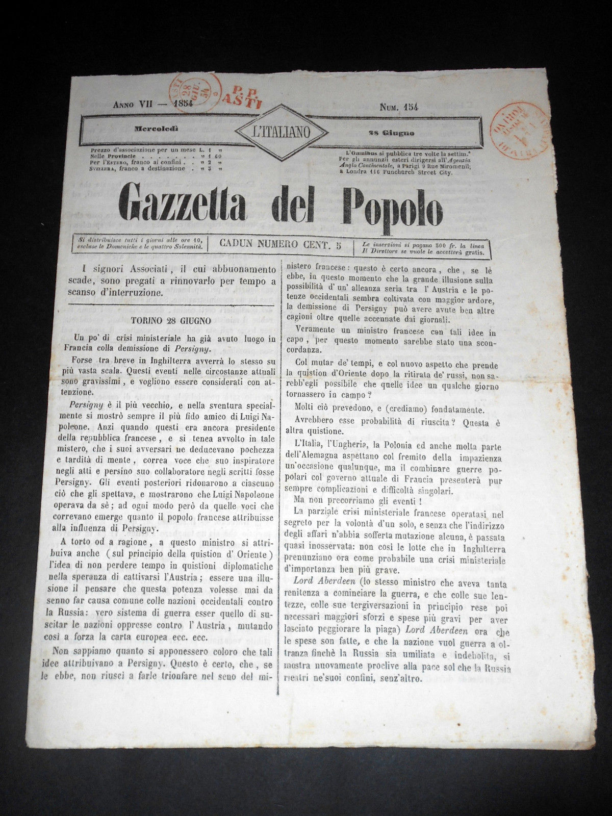 Risorgimento Cavour Torino - Giornale Gazzetta del Popolo n° 154 …