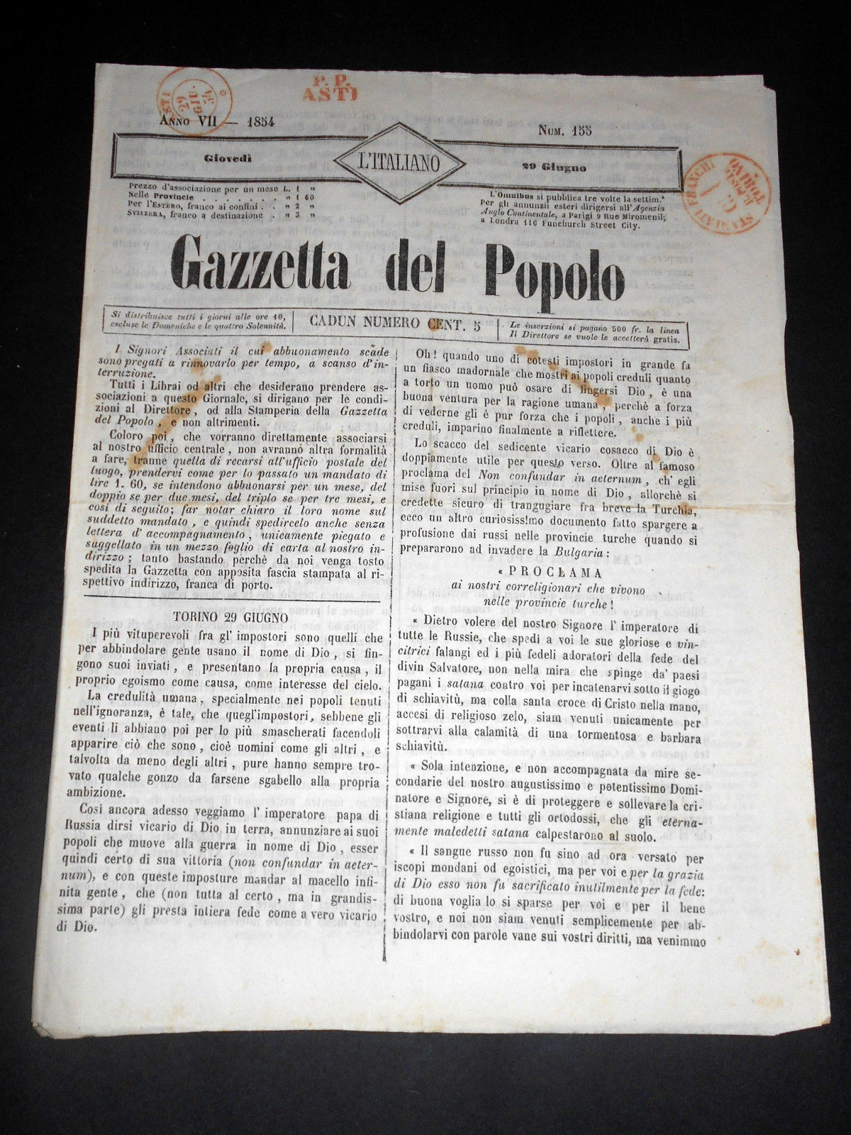 Risorgimento Cavour Torino - Giornale Gazzetta del Popolo n° 155 …