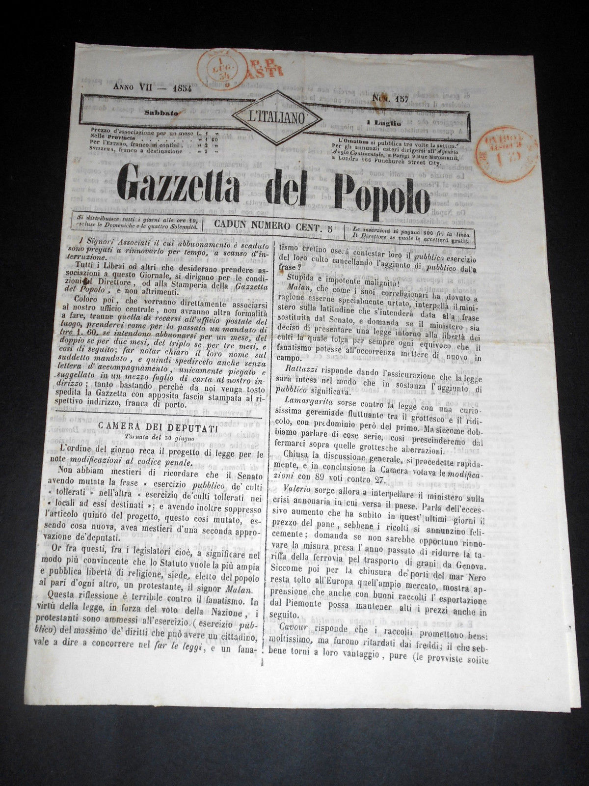 Risorgimento Cavour Torino - Giornale Gazzetta del Popolo n° 157 …