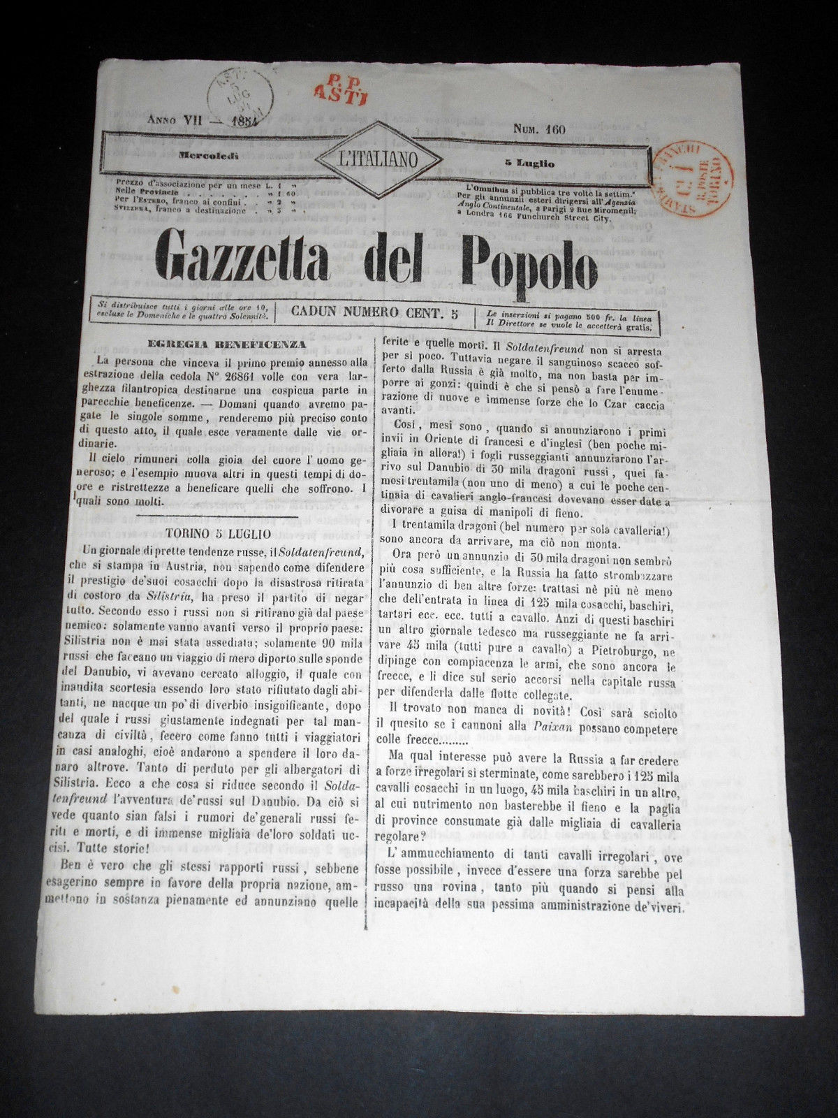 Risorgimento Cavour Torino - Giornale Gazzetta del Popolo n° 160 …