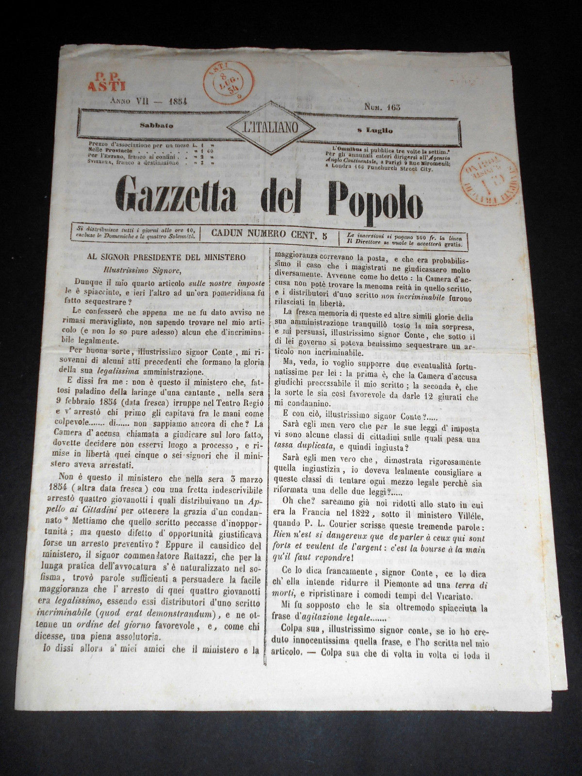 Risorgimento Cavour Torino - Giornale Gazzetta del Popolo n° 163 …
