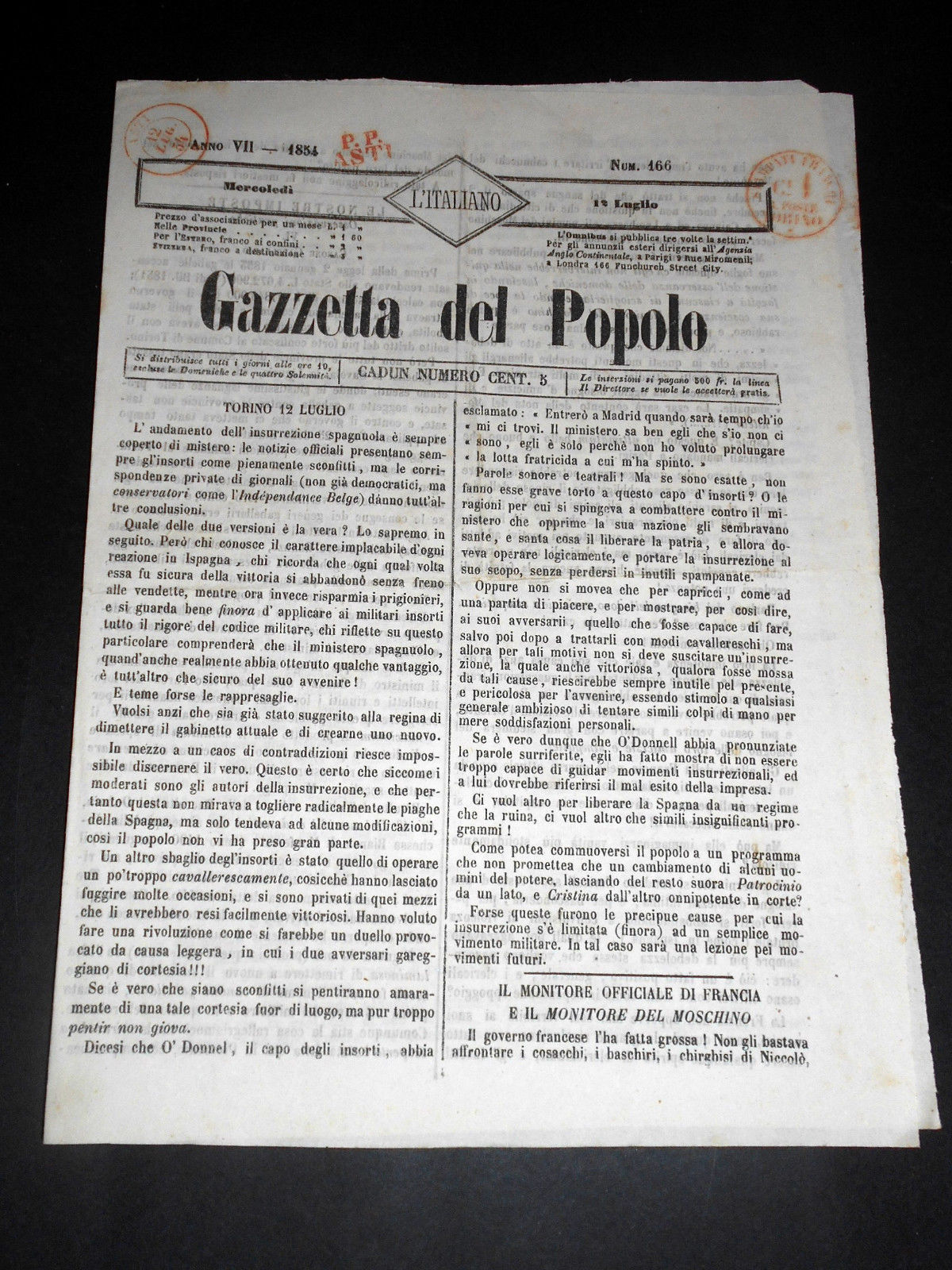 Risorgimento Cavour Torino - Giornale Gazzetta del Popolo n° 166 …