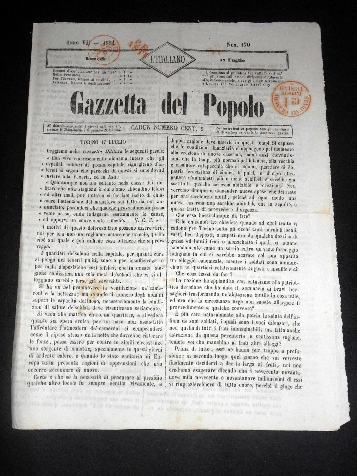 Risorgimento Cavour Torino - Giornale Gazzetta del Popolo n° 170 …