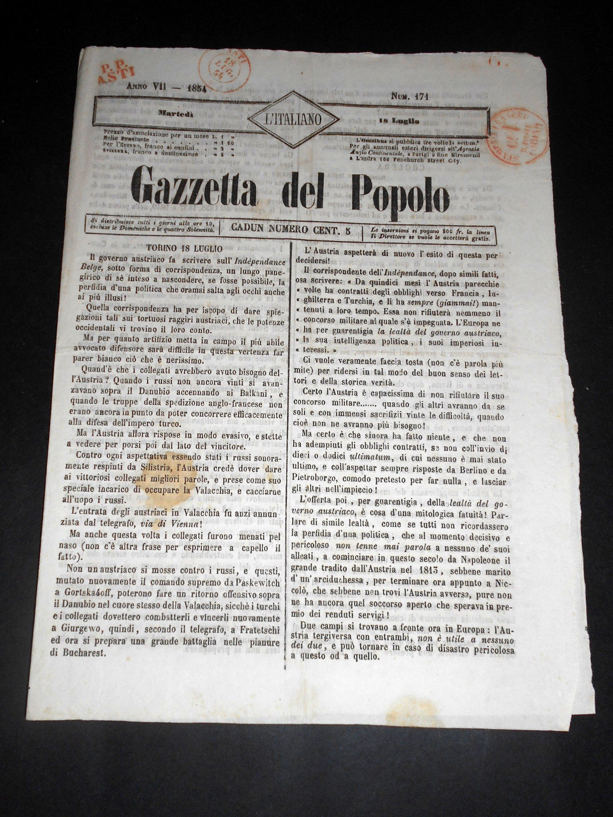 Risorgimento Cavour Torino - Giornale Gazzetta del Popolo n° 171 …