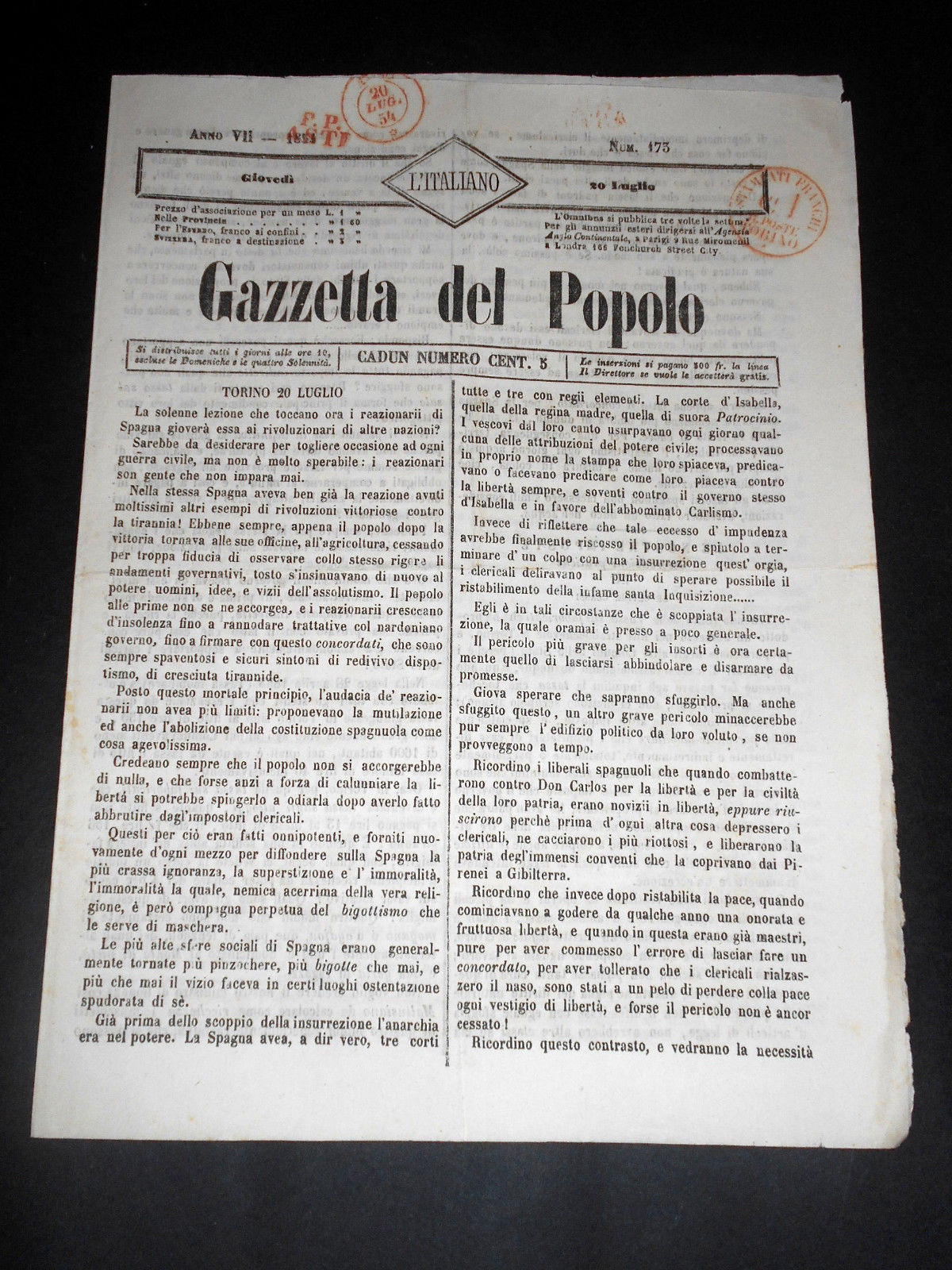 Risorgimento Cavour Torino - Giornale Gazzetta del Popolo n° 173 …