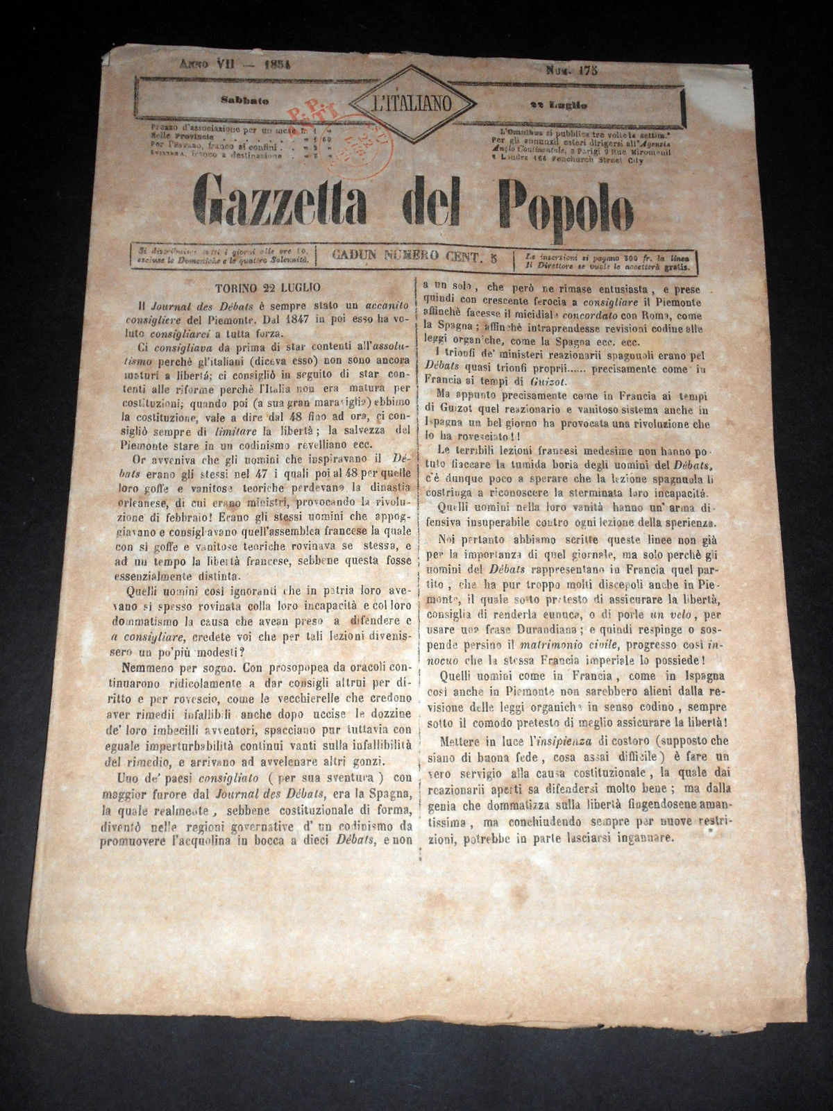 Risorgimento Cavour Torino - Giornale Gazzetta del Popolo n° 175 …