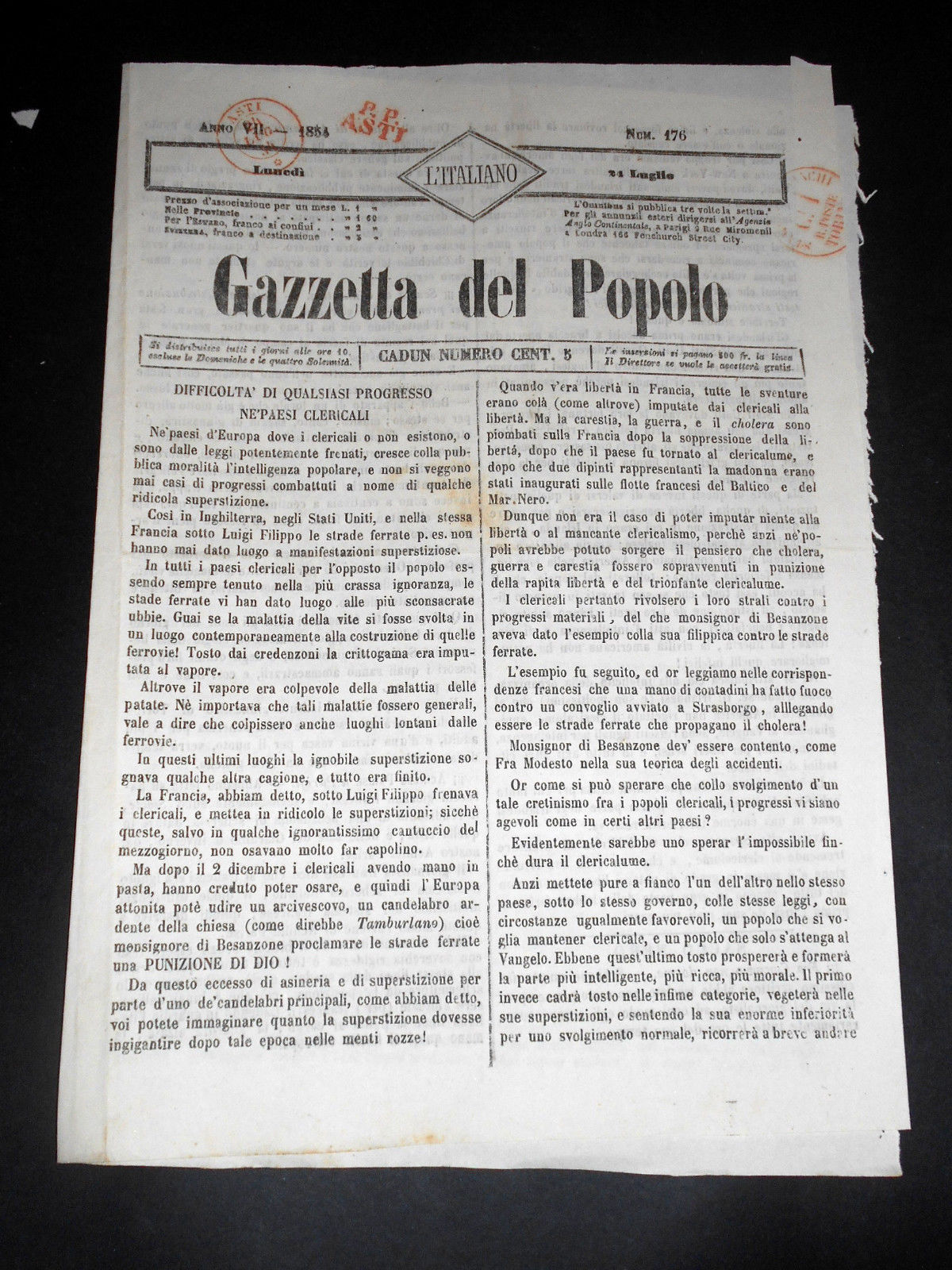 Risorgimento Cavour Torino - Giornale Gazzetta del Popolo n° 176 …
