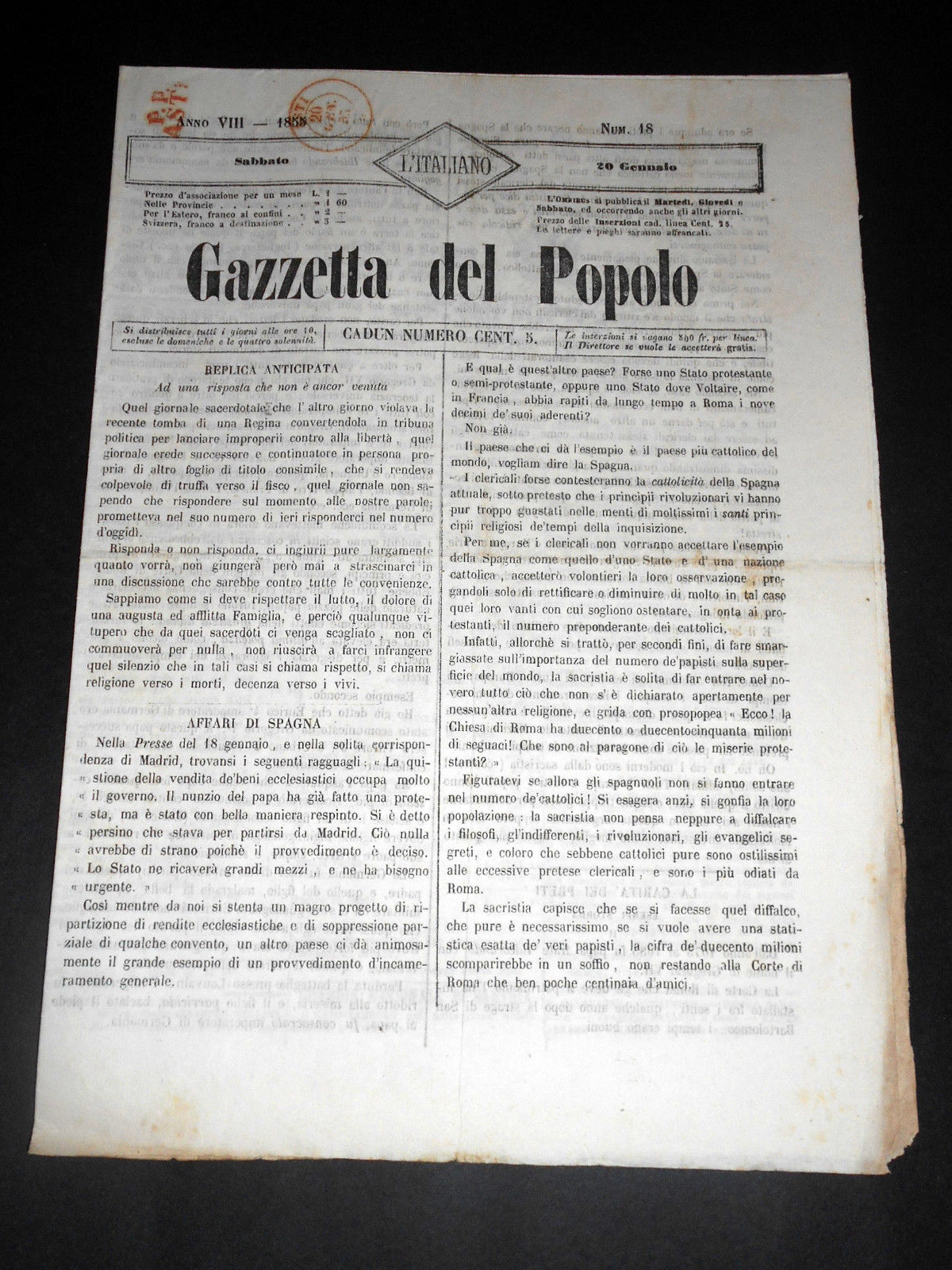 Risorgimento Cavour Torino - Giornale Gazzetta del Popolo n° 18 …