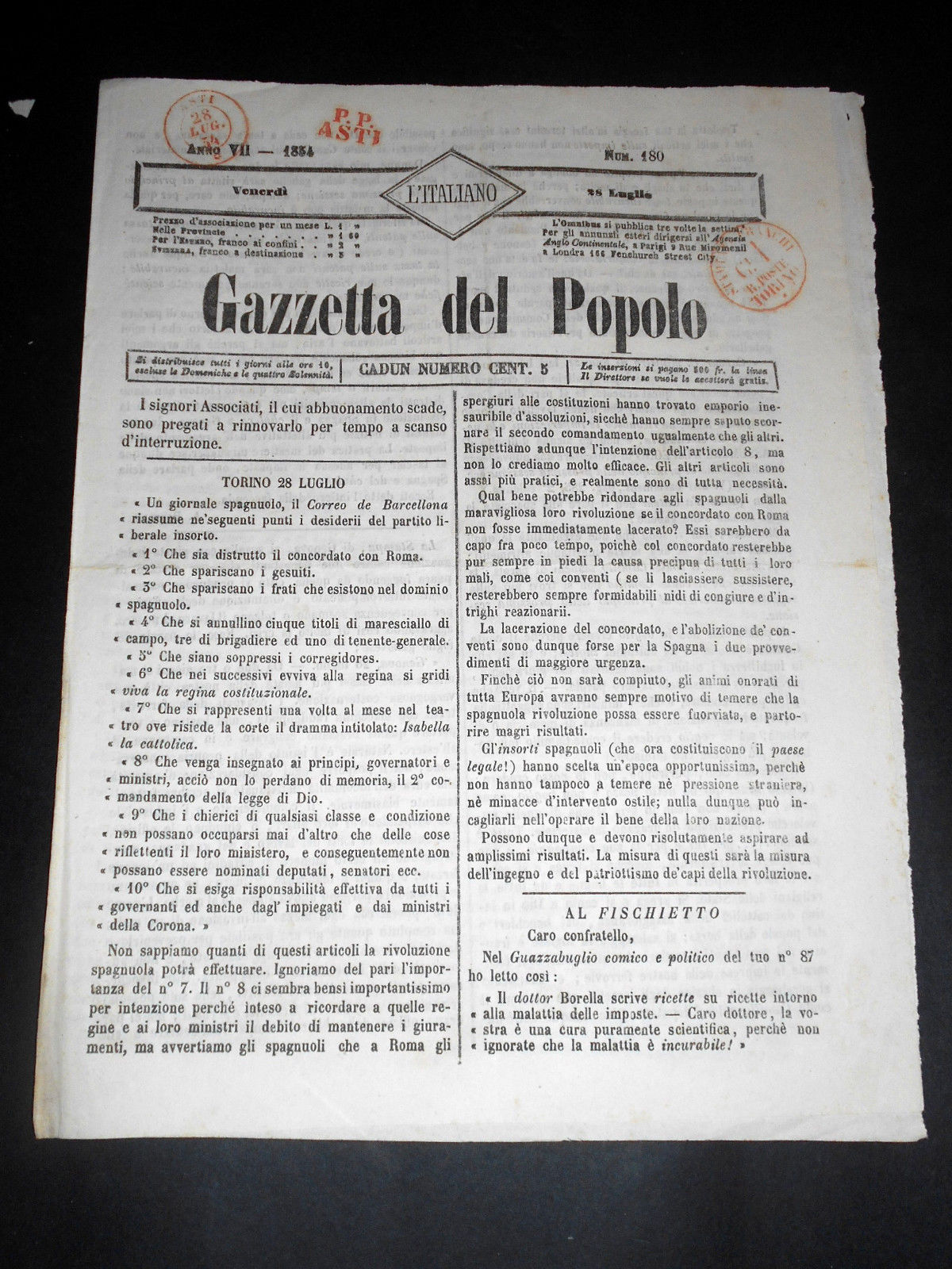 Risorgimento Cavour Torino - Giornale Gazzetta del Popolo n° 180 …