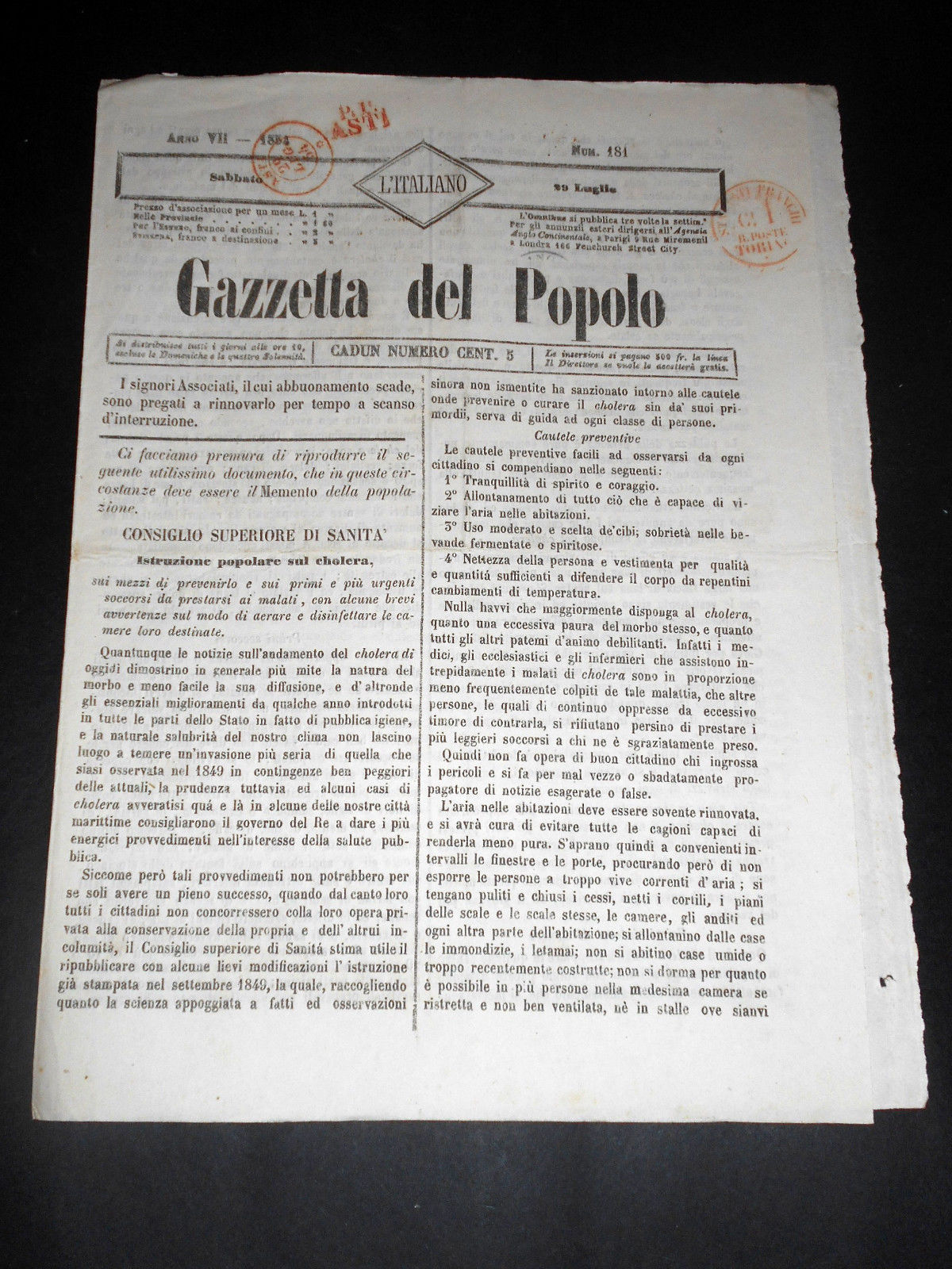 Risorgimento Cavour Torino - Giornale Gazzetta del Popolo n° 181 …