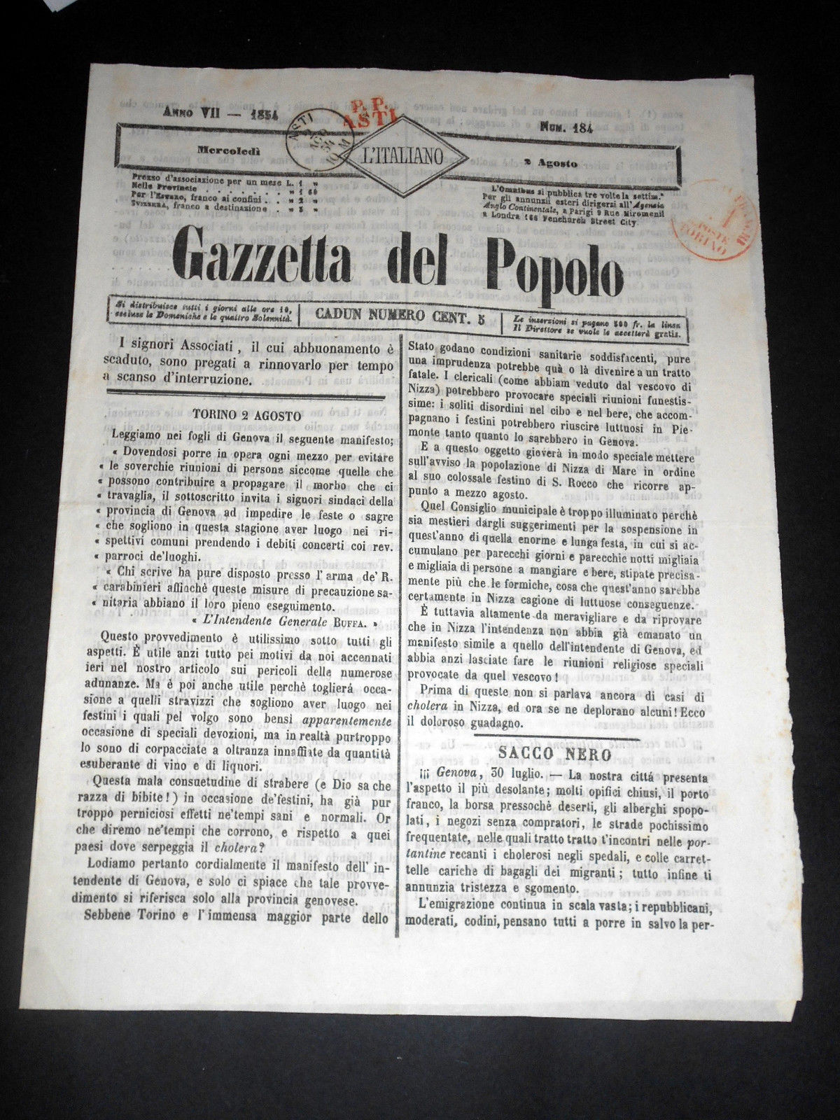Risorgimento Cavour Torino - Giornale Gazzetta del Popolo n° 184 …